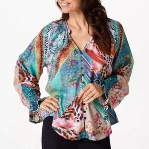 Tolani Collection Multicolor Mixed Print
Ruffle Cuff Blouse Size Small